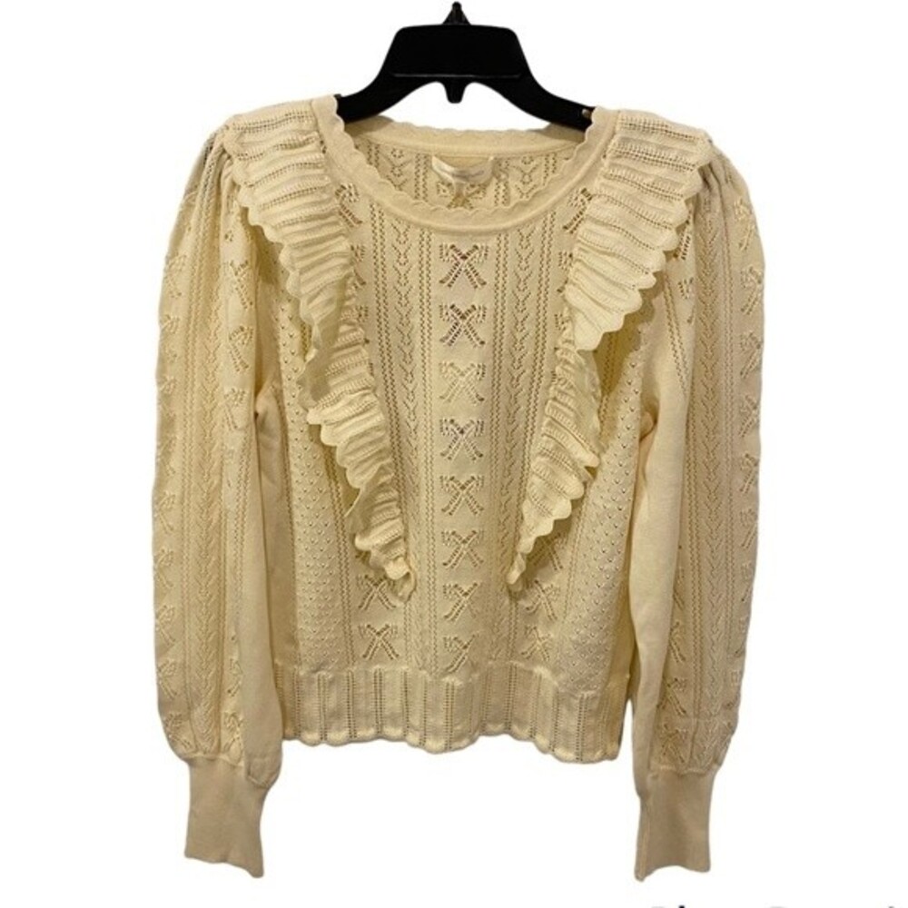 LoveShackFancy Ancora Cotton Pointelle Knit Ruffle Sweater Cream Large Pullover